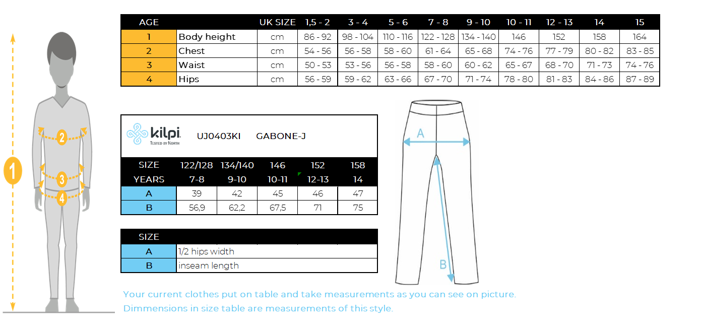 Kid´s ski pants Kilpi GABONE-J – Size chart