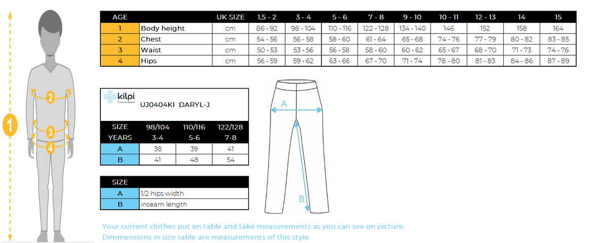 Kinderskihose Kilpi DARYL-J – Größentabelle