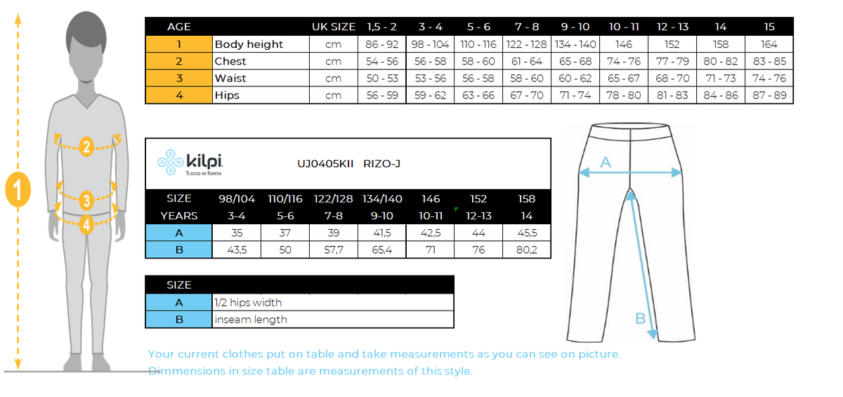 Kinder-Softshellhose Kilpi RIZO-J – Größentabelle