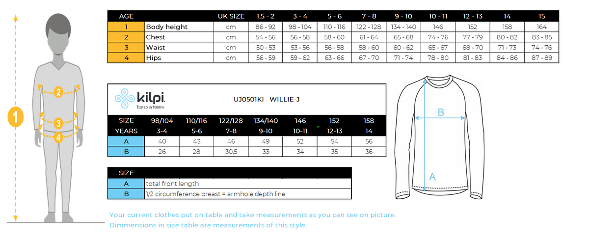Kid´s base layer Kilpi WILLIE-J – Size chart