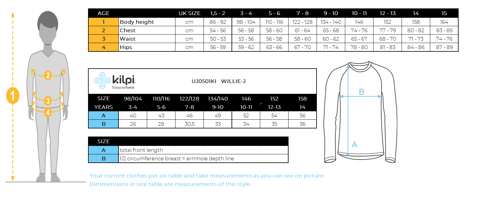 Kid´s base layer Kilpi WILLIE-J – Size chart