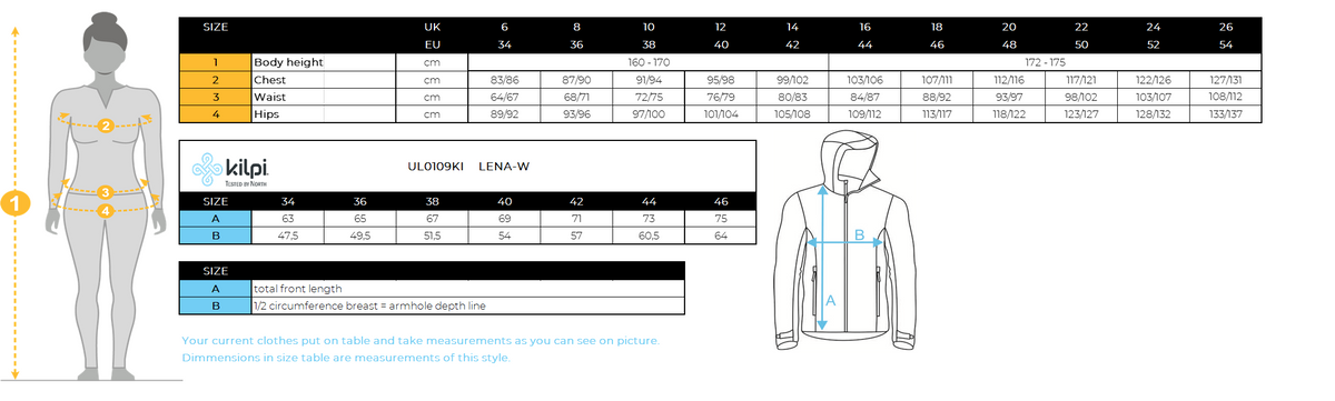 Damen Skijacke mit integriertem Heizsystem KILPI LENA-W – Größentabelle