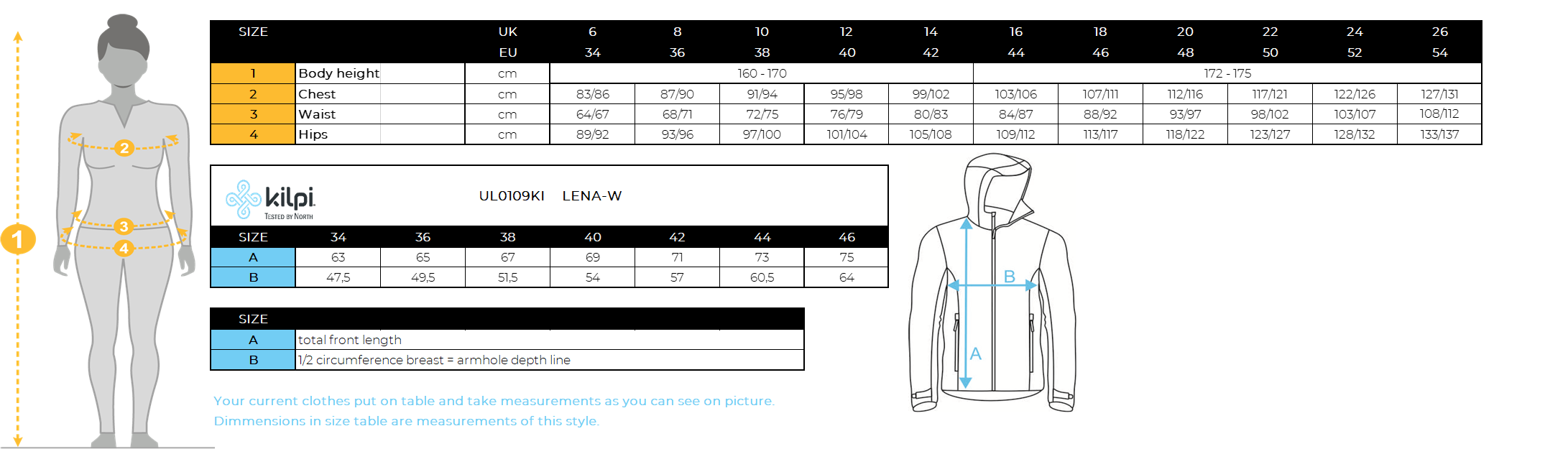 Damen Skijacke mit integriertem Heizsystem KILPI LENA-W – Größentabelle
