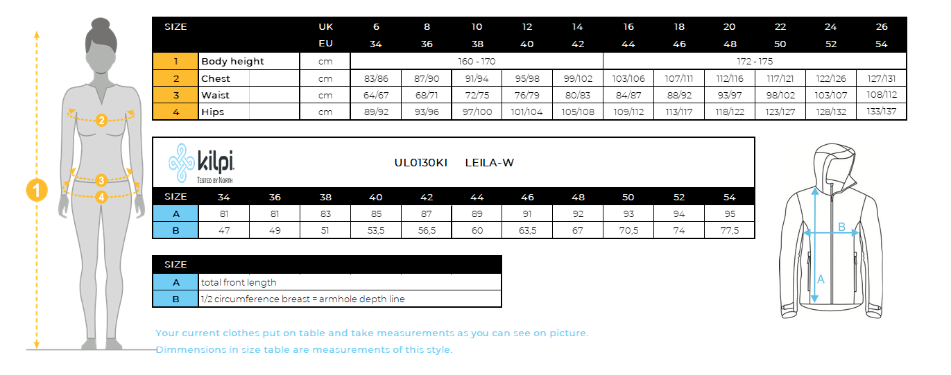 Women´s insulated coat Kilpi LEILA-W – Size chart