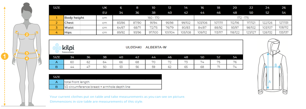 Damen-Daunenjacke Kilpi ALBERTA-W – Größentabelle