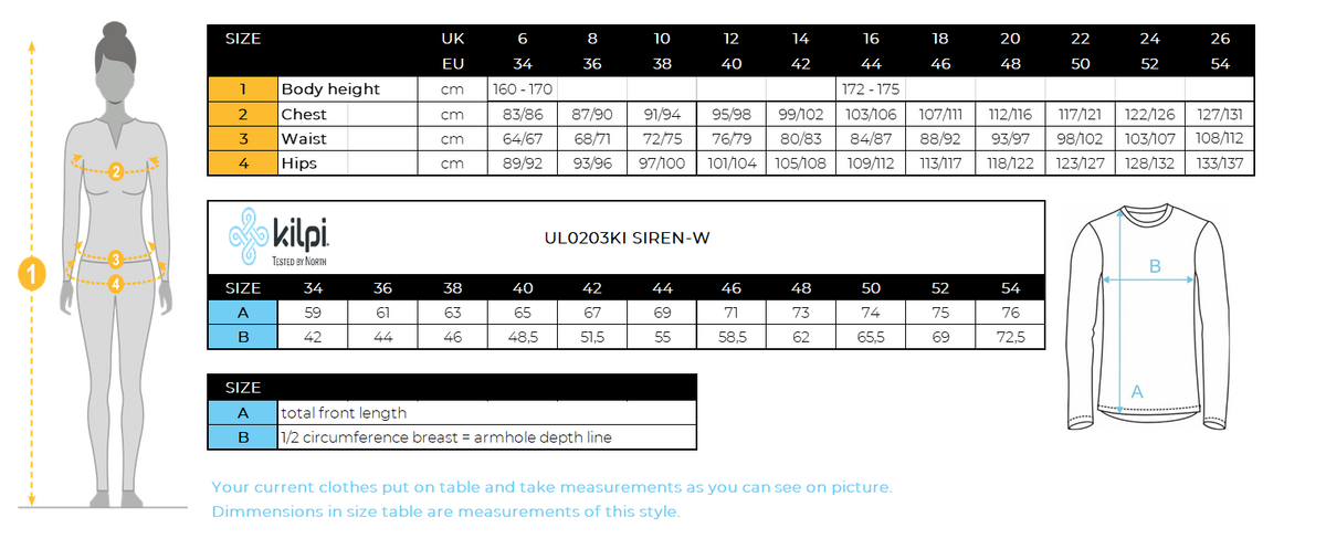 Women´s stretch middle layer Kilpi SIREN-W – Size chart