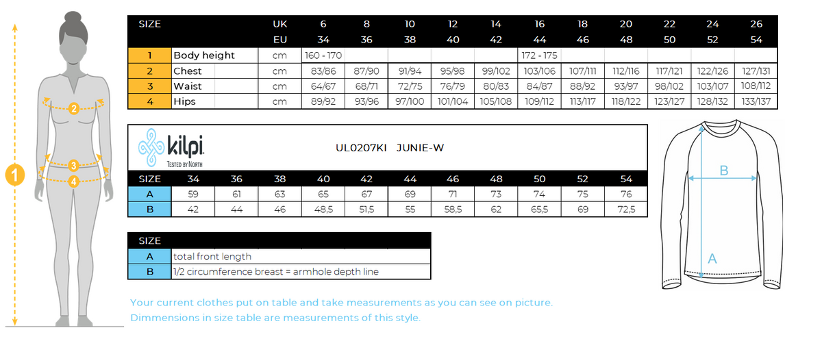 Women's stretch middle layer Kilpi JUNIE-W – Size chart