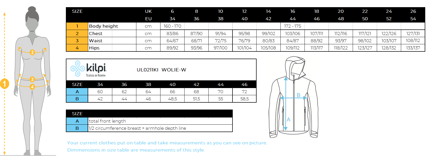 Damenpullover aus Merinowolle Kilpi WOLIE-W – Größentabelle