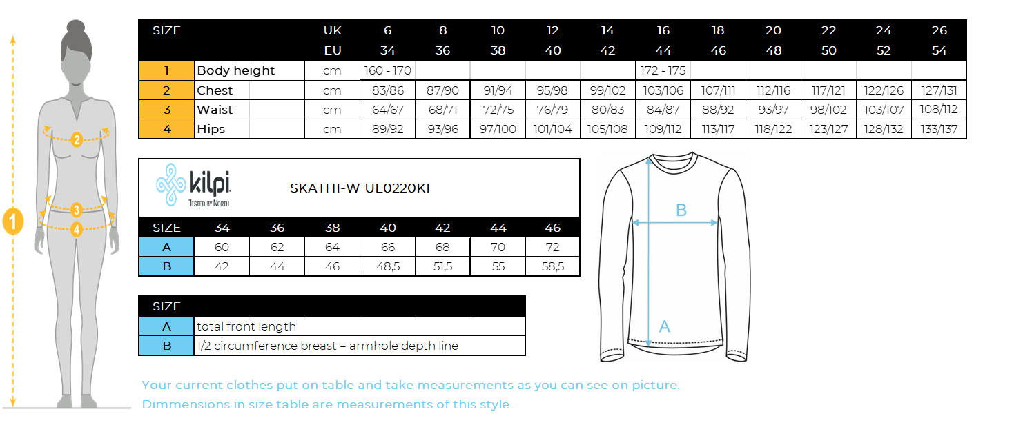 Women's hairy fleece middle layer Kilpi SKATHI-W – Size chart