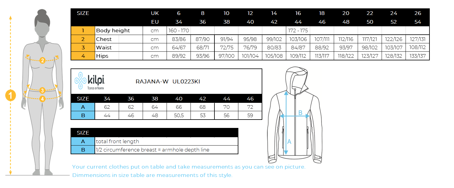 Women´s cotton sweatshirt Kilpi RAJANA-W – Size chart