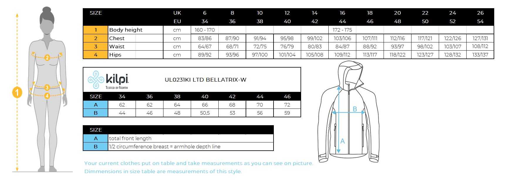 Woman´s cotton hoodie Kilpi LTD BELLATRIX-W – Size chart