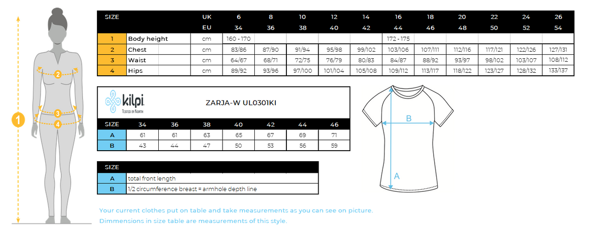 Women´s merino wool T-shirt Kilpi ZARJA-W – Size chart