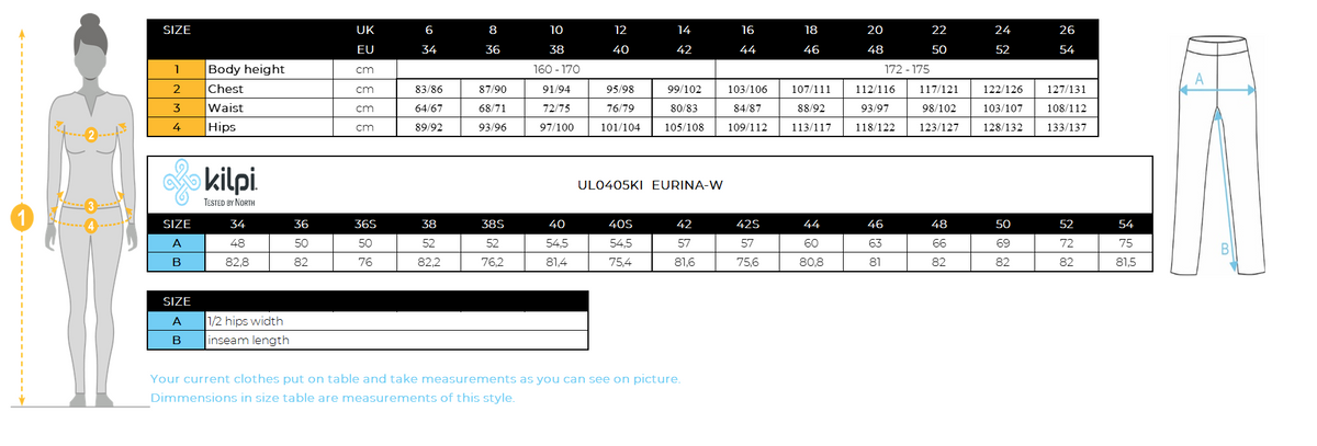 Women´s ski pants Kilpi EURINA-W – Size chart