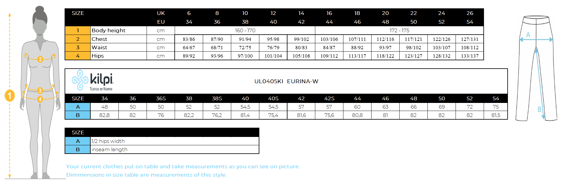 Women´s ski pants Kilpi EURINA-W – Size chart