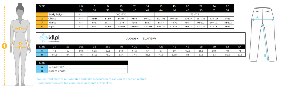 Women's ski pants KILPI ELARE-W – Size chart