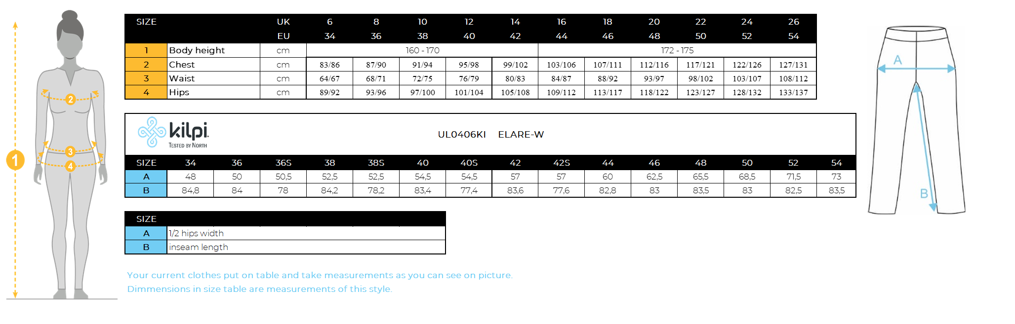 Women's ski pants KILPI ELARE-W – Size chart