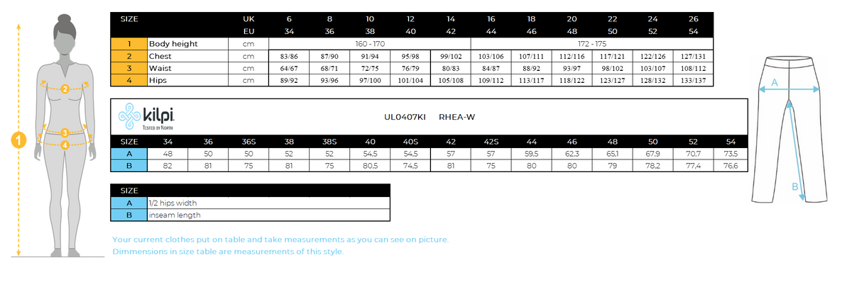 Damen-Softshell-Skihose Kilpi RHEA-W – Größentabelle