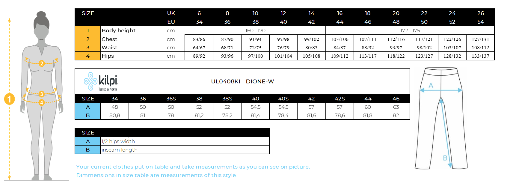 Women´s softshell ski pants Kilpi DIONE-W – Size chart