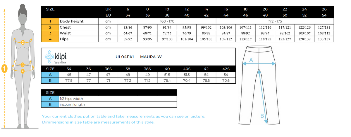Women's softshell pants KILPI MAURA-W – Size chart