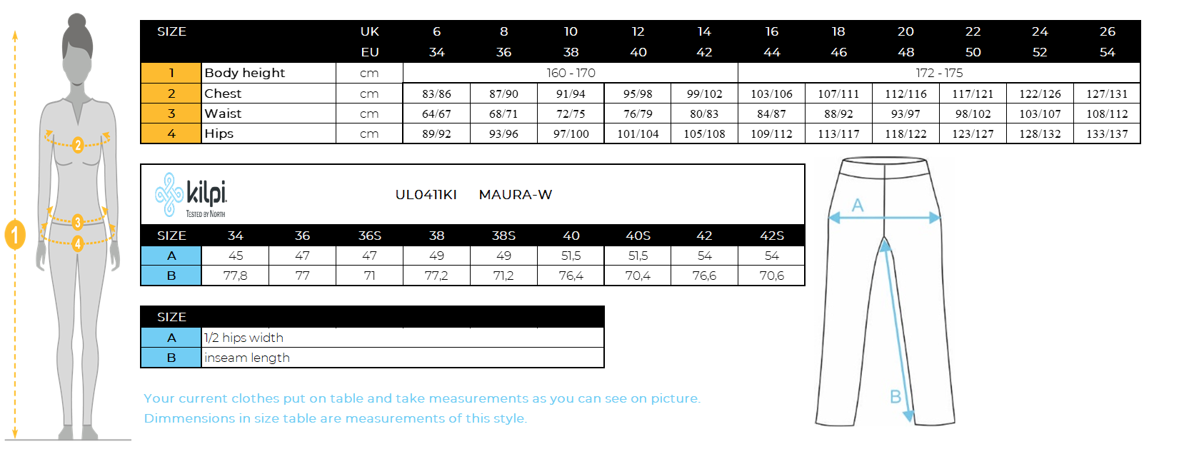 Women's softshell pants KILPI MAURA-W – Size chart