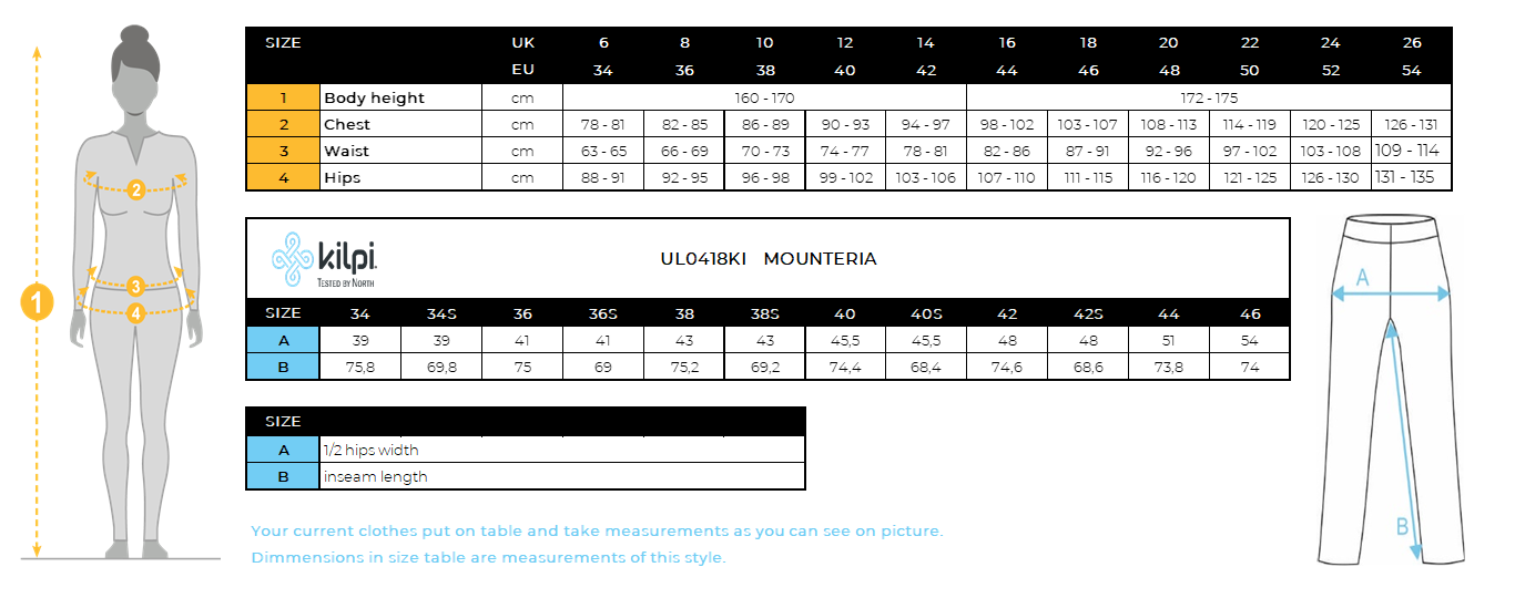 Women´s outdoor pants Kilpi MOUNTERIA-W – Size chart