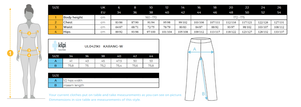 Women´s running leggings Kilpi KARANG-W – Size chart