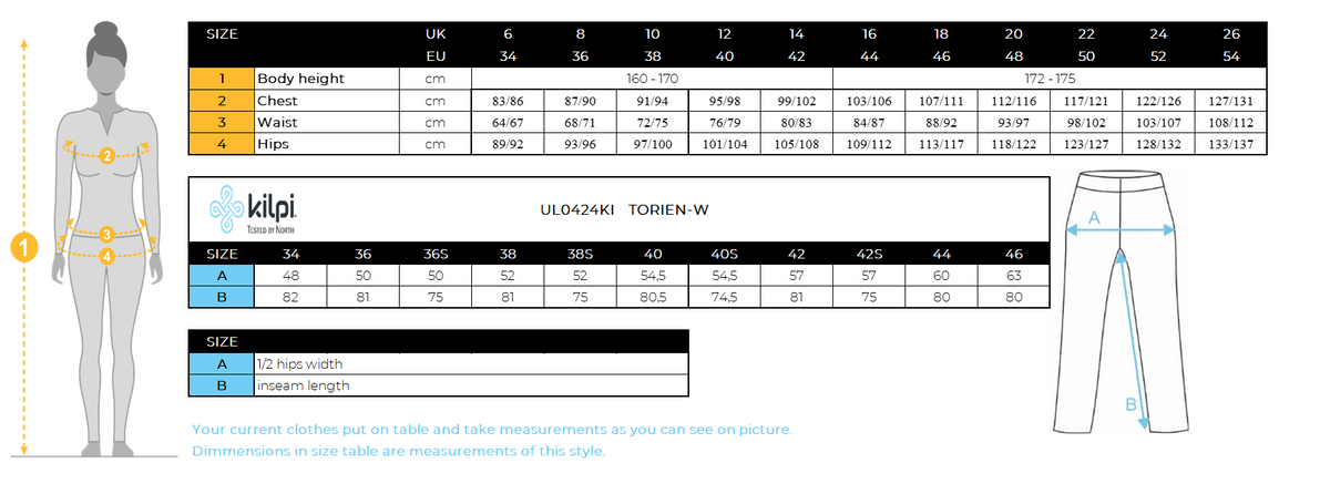 Women´s softshell ski pants Kilpi TORIEN-W – Size chart
