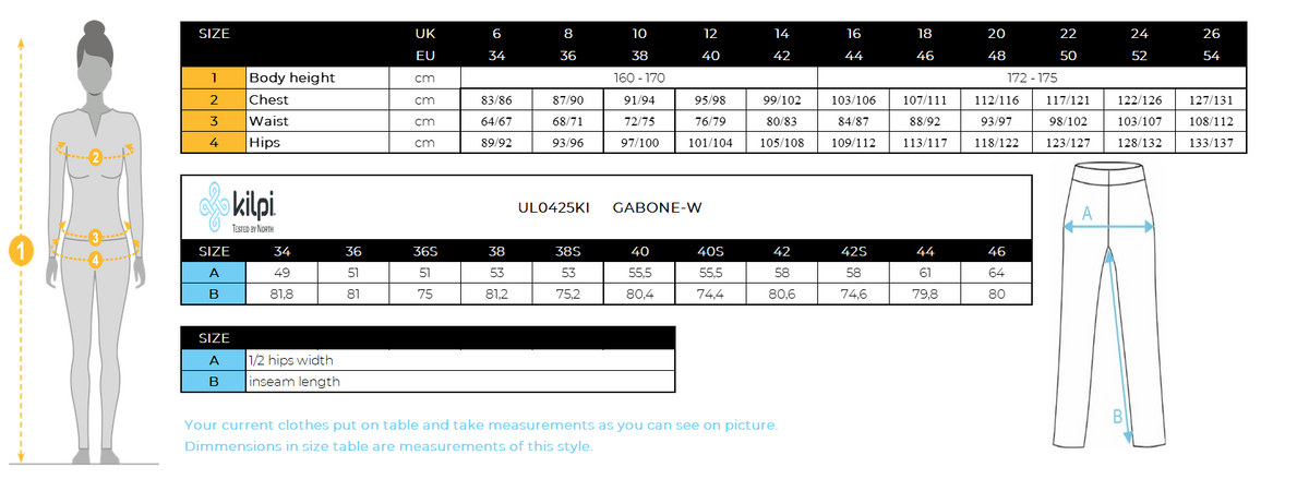 Women´s ski pants Kilpi GABONE-W – Size chart