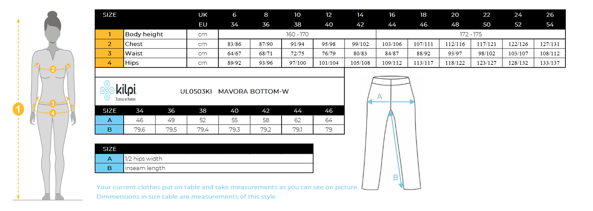 Damen-Baselayer Kilpi MAVORA BOTTOM-W – Größentabelle
