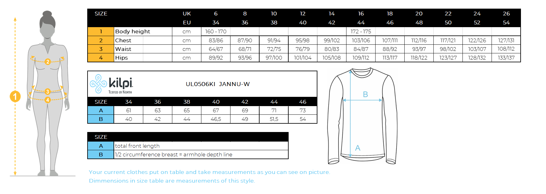 Damen-Basisschicht Kilpi JANNU-W – Größentabelle
