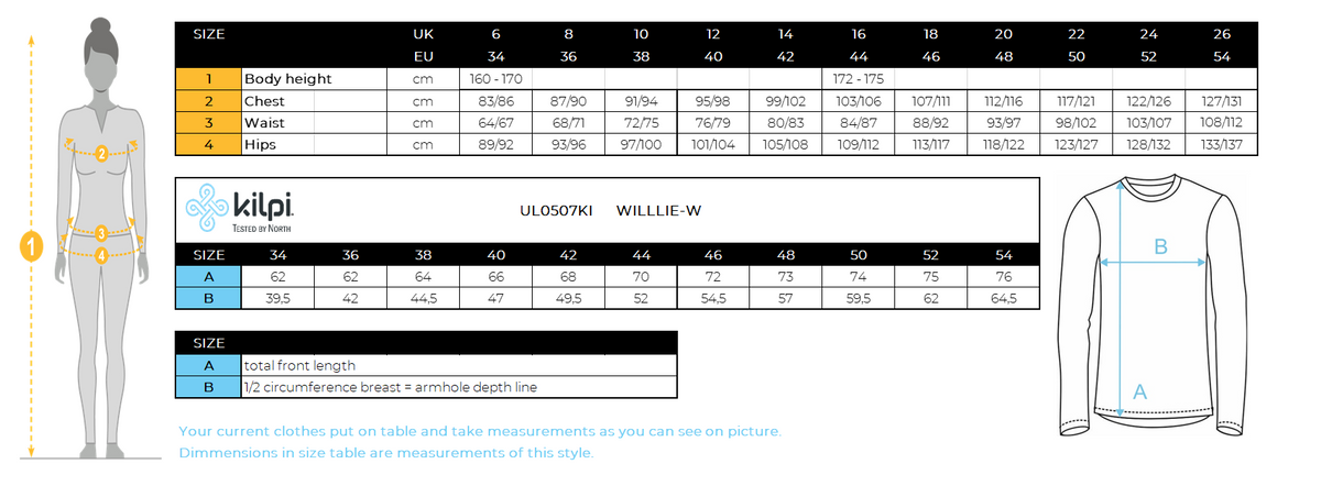 Damen-Unterhemd Kilpi WILLIE-W – Größentabelle