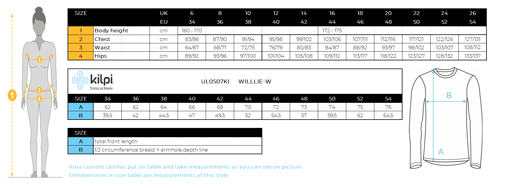 Damen-Unterhemd Kilpi WILLIE-W – Größentabelle
