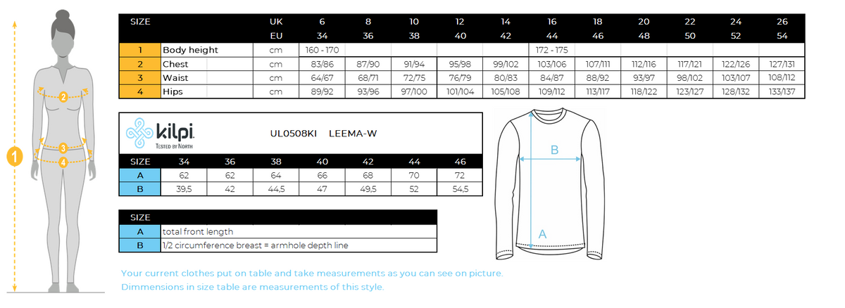 Damen-Basisschicht Kilpi LEEMA-W – Größentabelle
