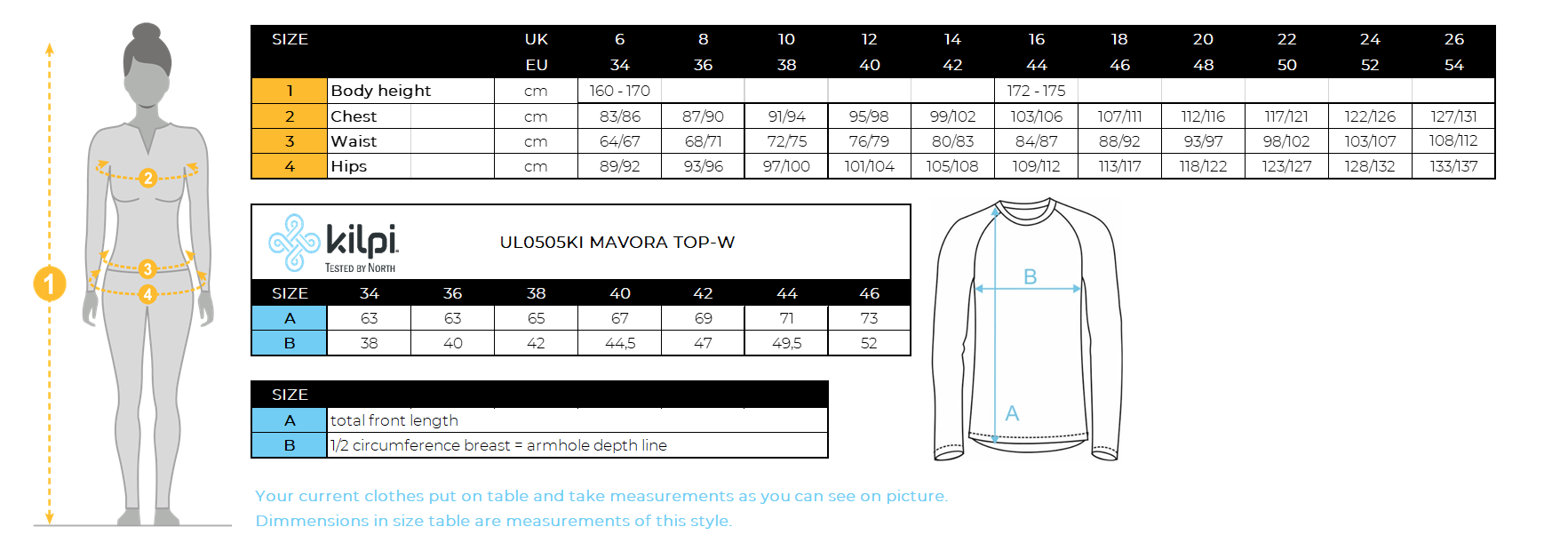Damen-Unterhemd Kilpi MAVORA TOP-W – Größentabelle