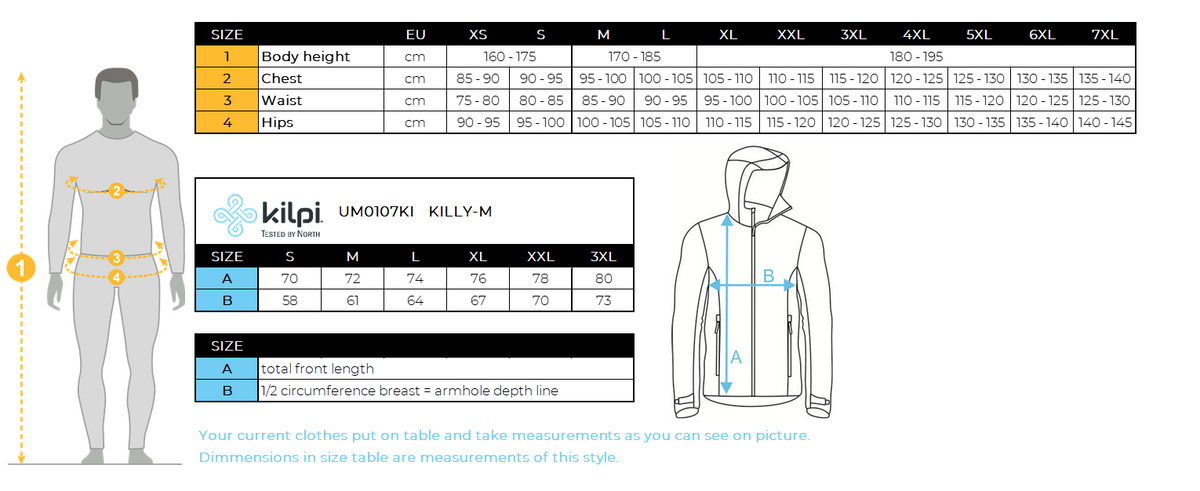 Herren-Skijacke Kilpi KILLY-M – Größentabelle