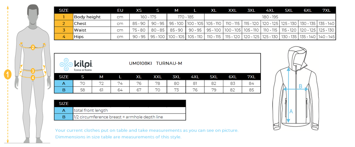 Herren-Skijacke Kilpi TURNAU-M – Größentabelle