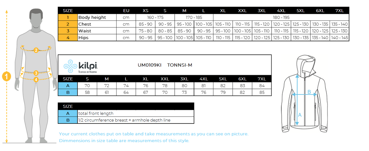 Herren-Skijacke Kilpi TONNSI-M – Größentabelle