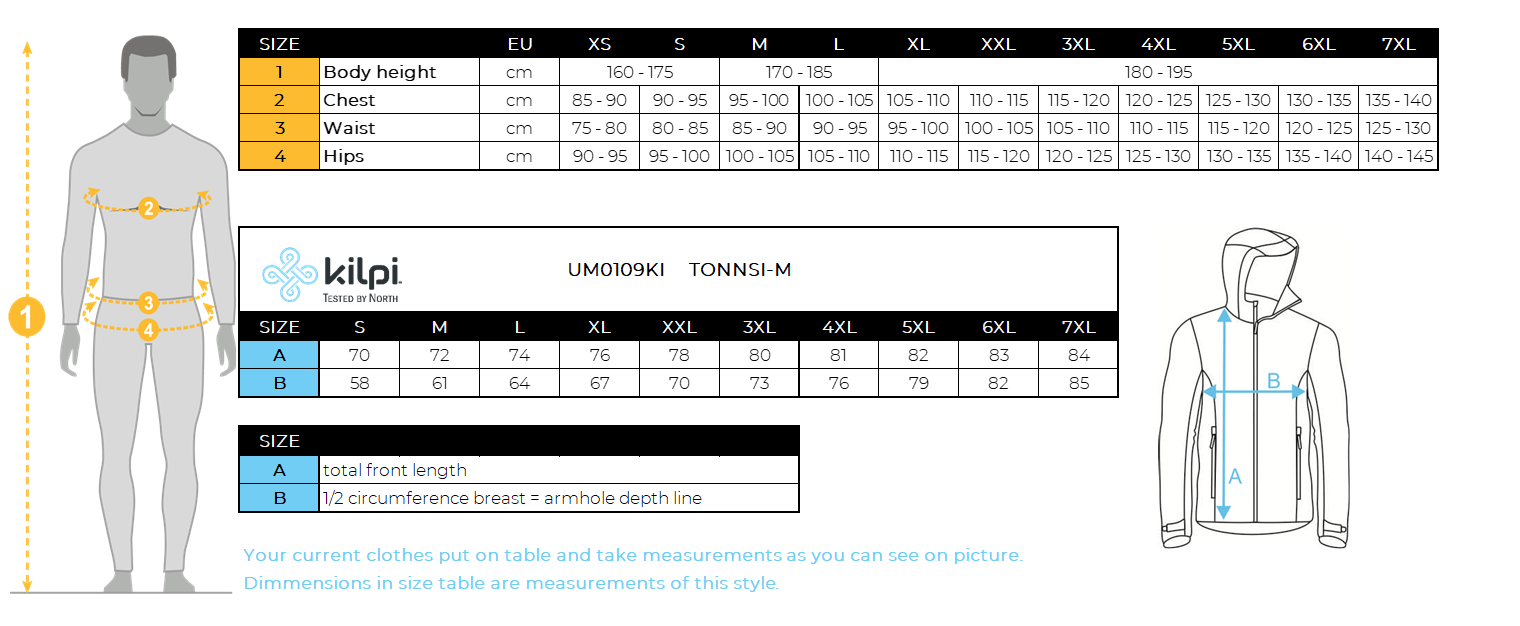 Herren-Skijacke Kilpi TONNSI-M – Größentabelle