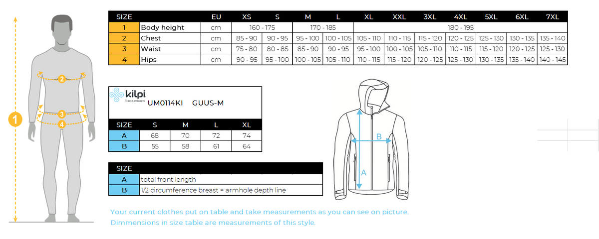 Herren Daunenjacke Kilpi GUUS-M – Größentabelle