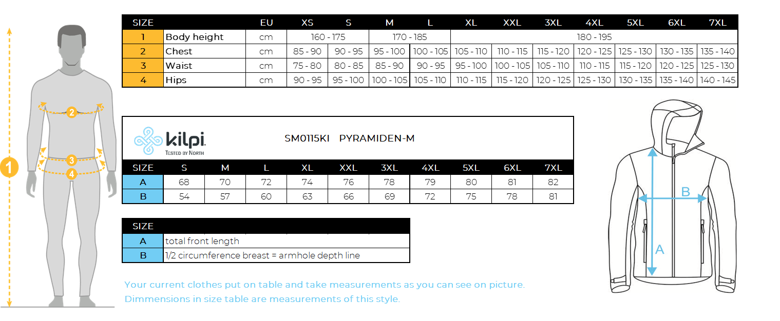 Herren Daunenjacke Kilpi PYRAMIDEN-M – Größentabelle