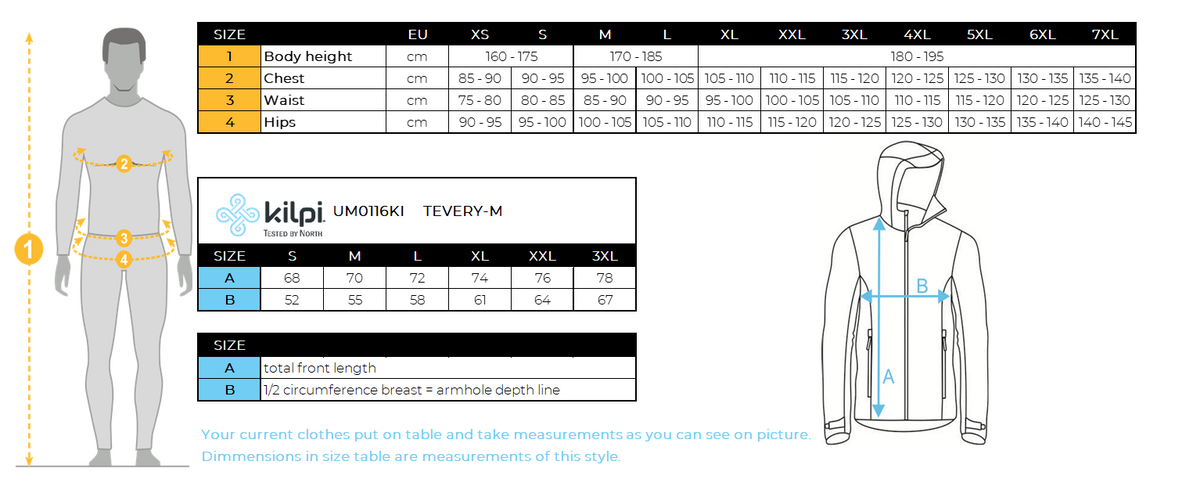 Isolierte Herrenjacke Kilpi TEVERY-M – Größentabelle