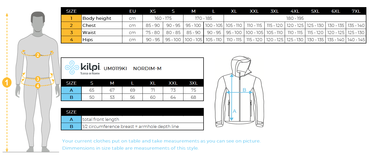 Herren-Laufjacke Kilpi NORDIM-M – Größentabelle