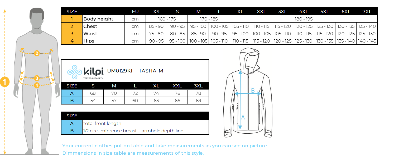 Herren-Isolierjacke Kilpi TASHA-M – Größentabelle