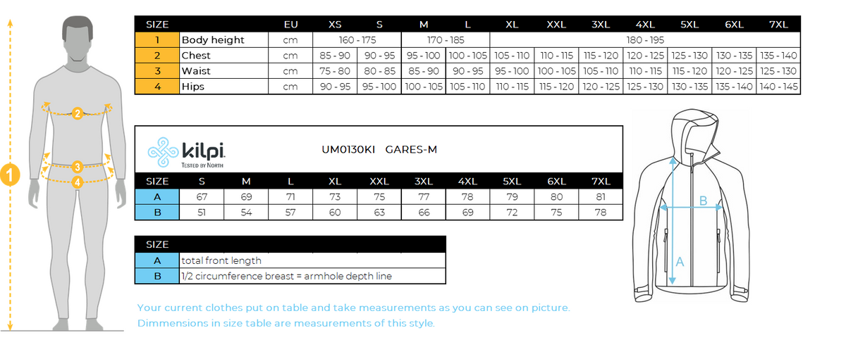 Herren Hybrid-Isolierjacke Kilpi GARES-M – Größentabelle