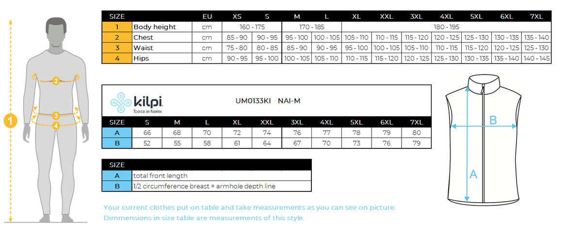 Isolierte Herrenweste Kilpi NAI-M – Größentabelle