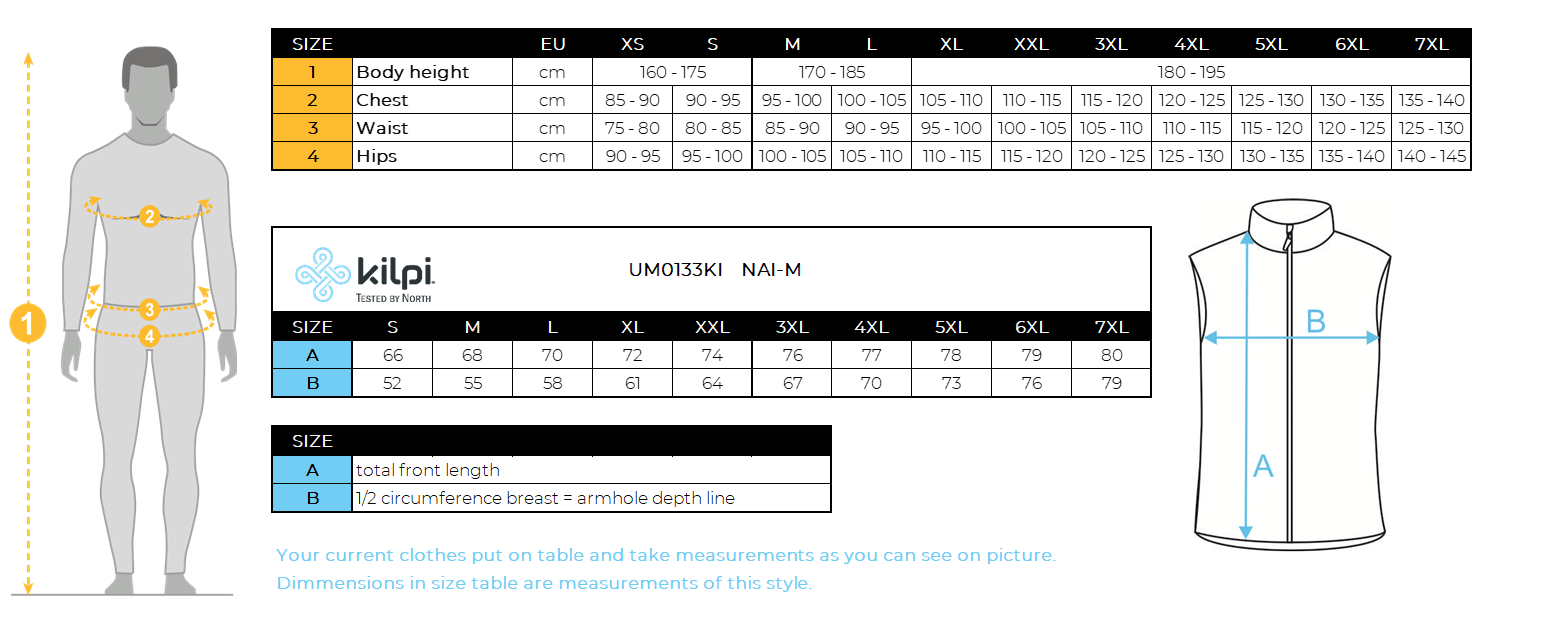 Isolierte Herrenweste Kilpi NAI-M – Größentabelle