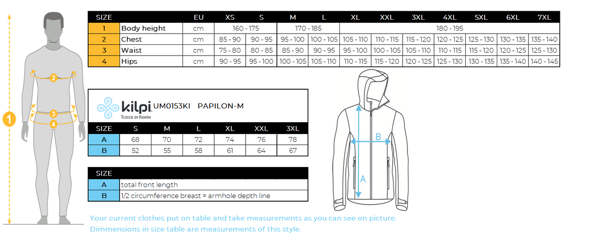 Herren Daunenjacke Kilpi PAPILON-M – Größentabelle