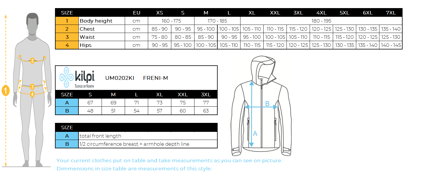 Herren-Stretch-Mittelschicht Kilpi FRENI-M – Größentabelle