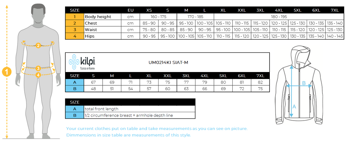 Herren-Fleece-Mittelschicht Kilpi SIAT-M – Größentabelle