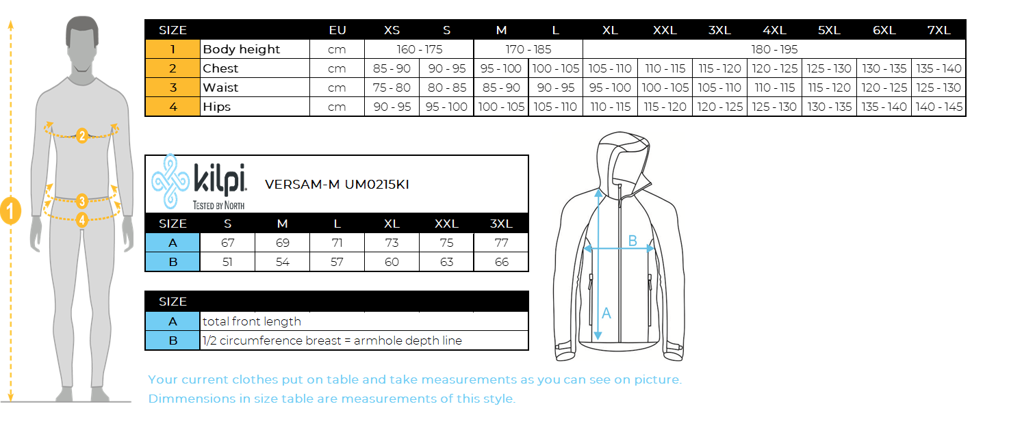 Herren Fleece-Mittelschicht Kilpi VERSAM-M – Größentabelle